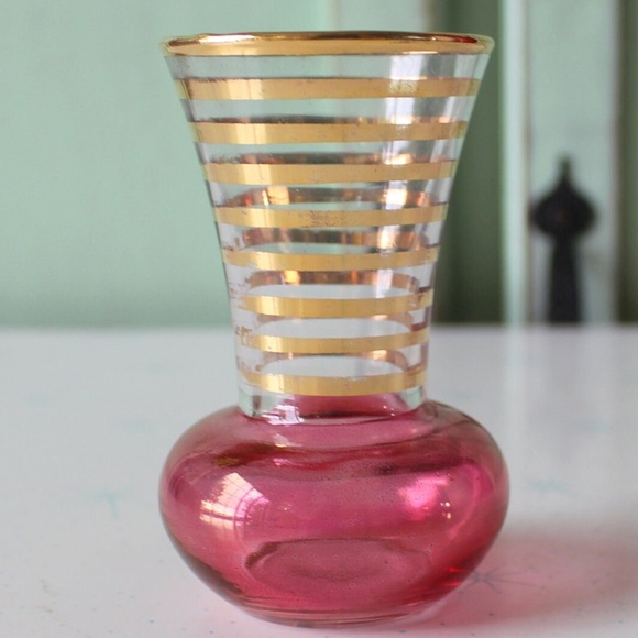 Vintage Vase Atomic Glass MCM 50s 60s 70s Petite Floral Bud Vase Rose Pink Gold - Picture 7 of 8